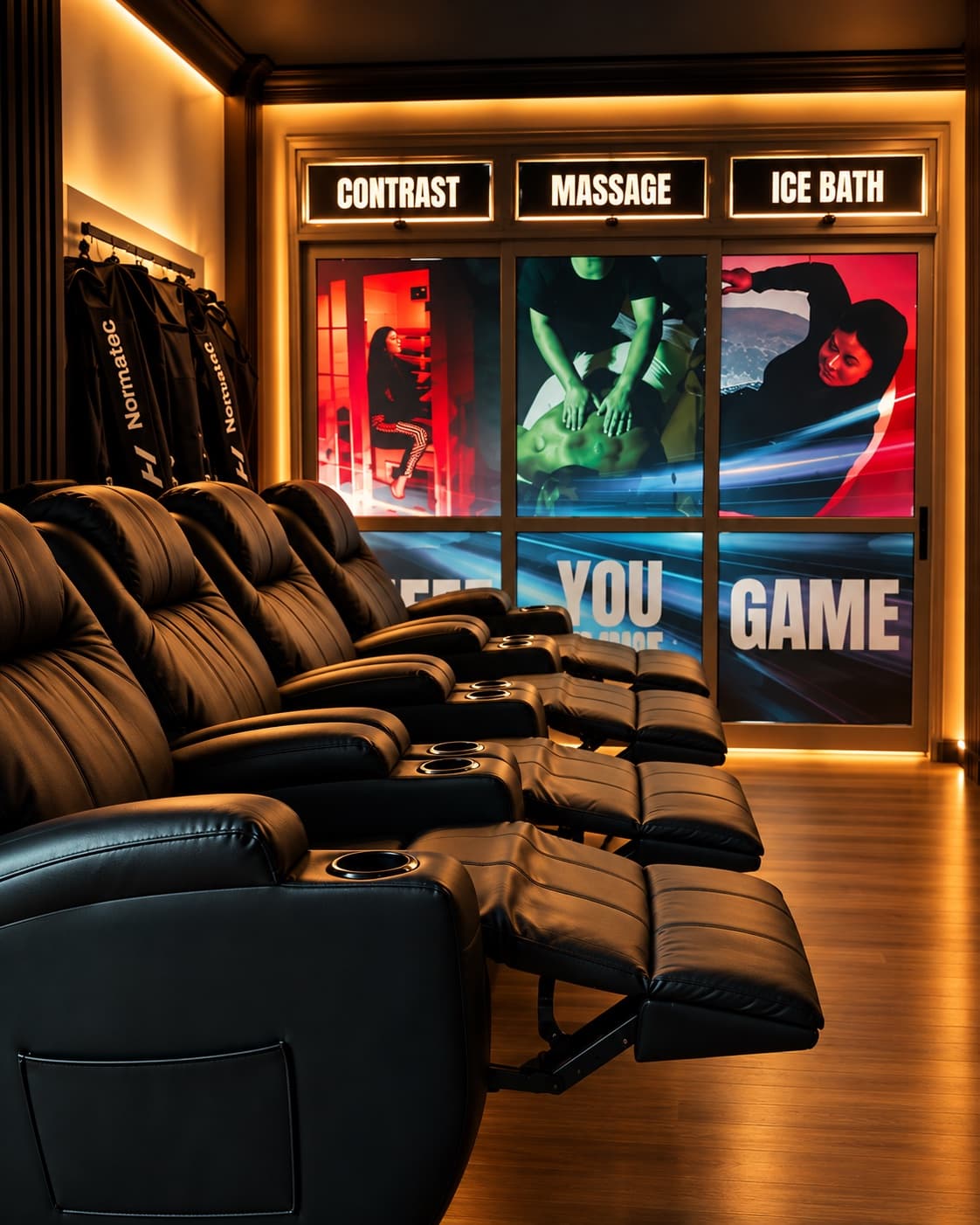 Banera’s compression lounge: recliners and Normatec boots, with the contrast, massage and ice bath rooms behind